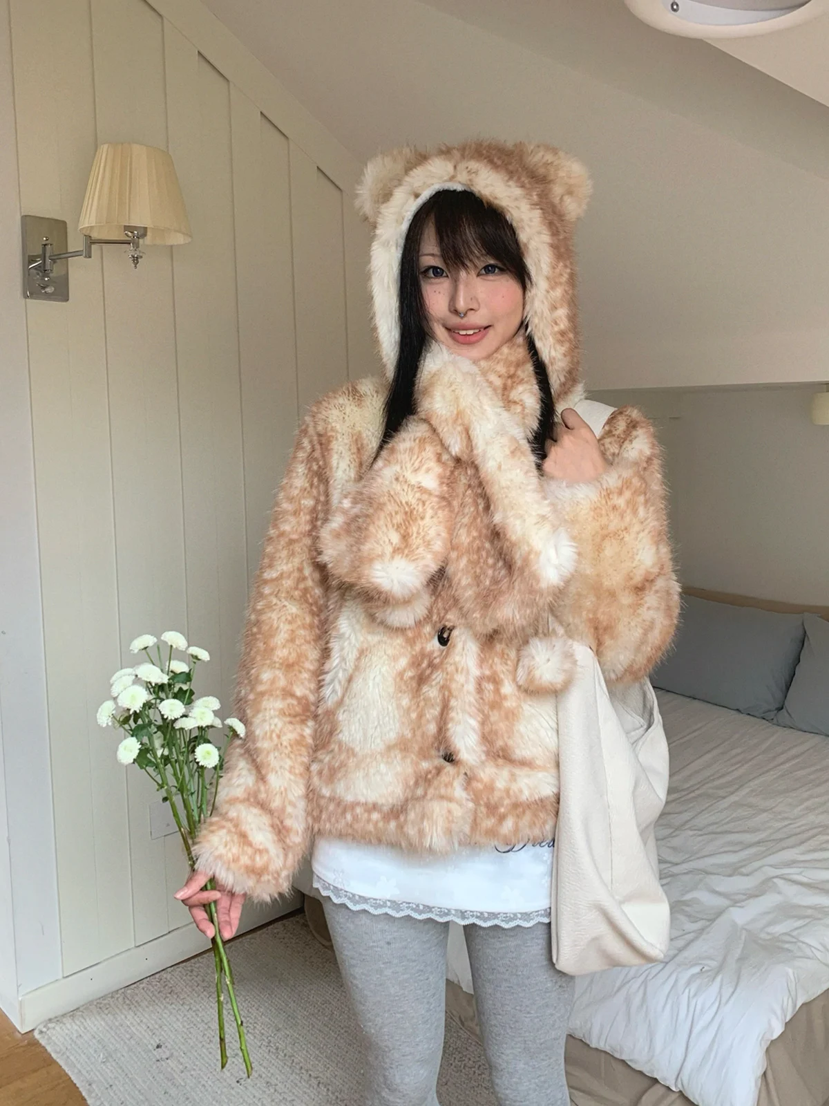 

Теплое пальто Cisas с узором в виде пятен оленя и меховым шарфом, осенне-зимняя молодежная женская повседневная верхняя одежда из полиэстера