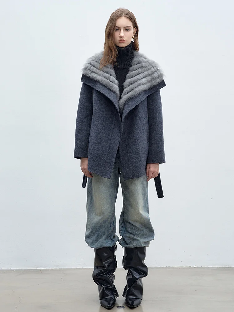 2025 Cappotto invernale in vera pelliccia di volpe da donna Giacca in lana di cashmere con pelliccia naturale femminile Giacca di lusso in lana Capispalla