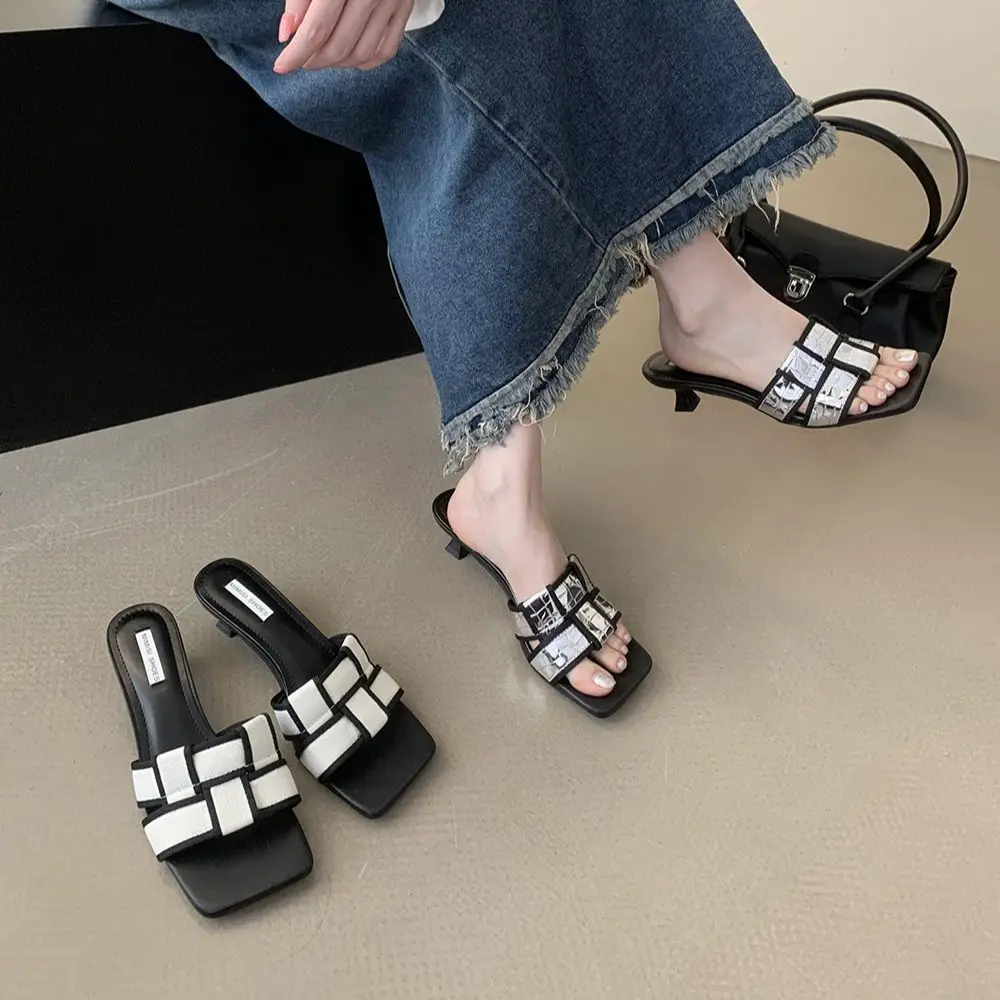 Open Toe Women Sandals Slippers Weave Design Thin Mid Heels Black Dress Shoes Woman Slip On Fashion Outside Mules Party Pumps