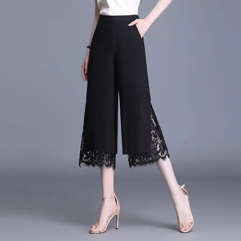 

High Waist Loose Fit Women's Summer Thin New Style Side Slit Lace Wide Leg Pants Eighteen Shorts Chiffon Casual Trousers