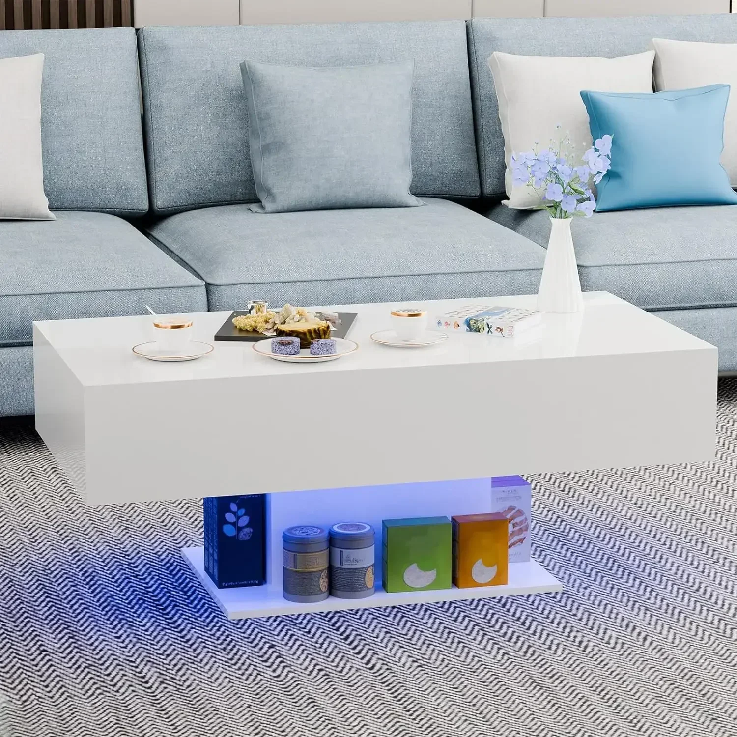 Led Coffee Table High Gloss Coffee Table with LED Lights Modern Center Table for Living Room, RGB Light with Remote Control