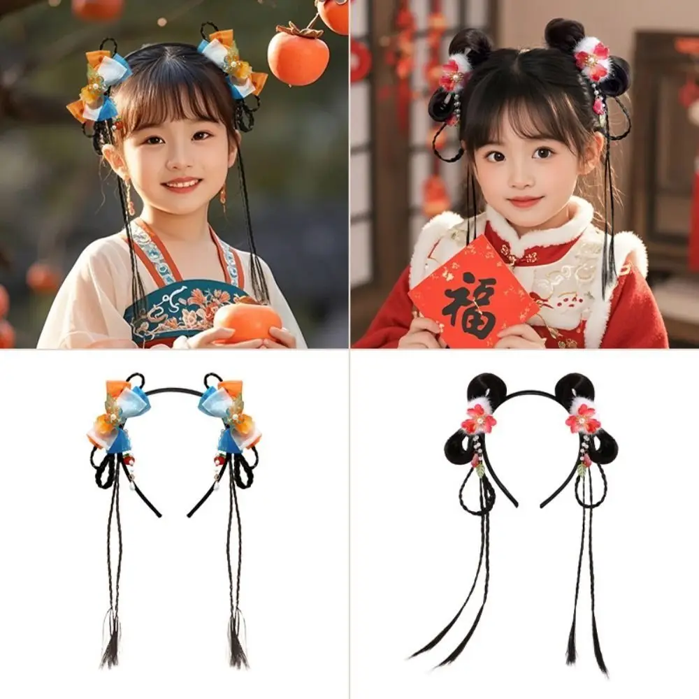 Belle fleur enfants perruque bandeau rouge Style chinois nouvel an cheveux accessoires tresse cheveux fille Hanfu chapeaux année du cheval
