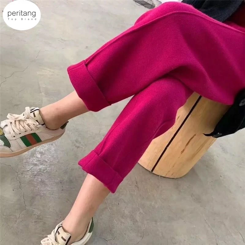 

2024 Autumn Winter Women Pants Harem High Waist Wide Legs Warm Knitted Fashionable Ankle-Length Trousers