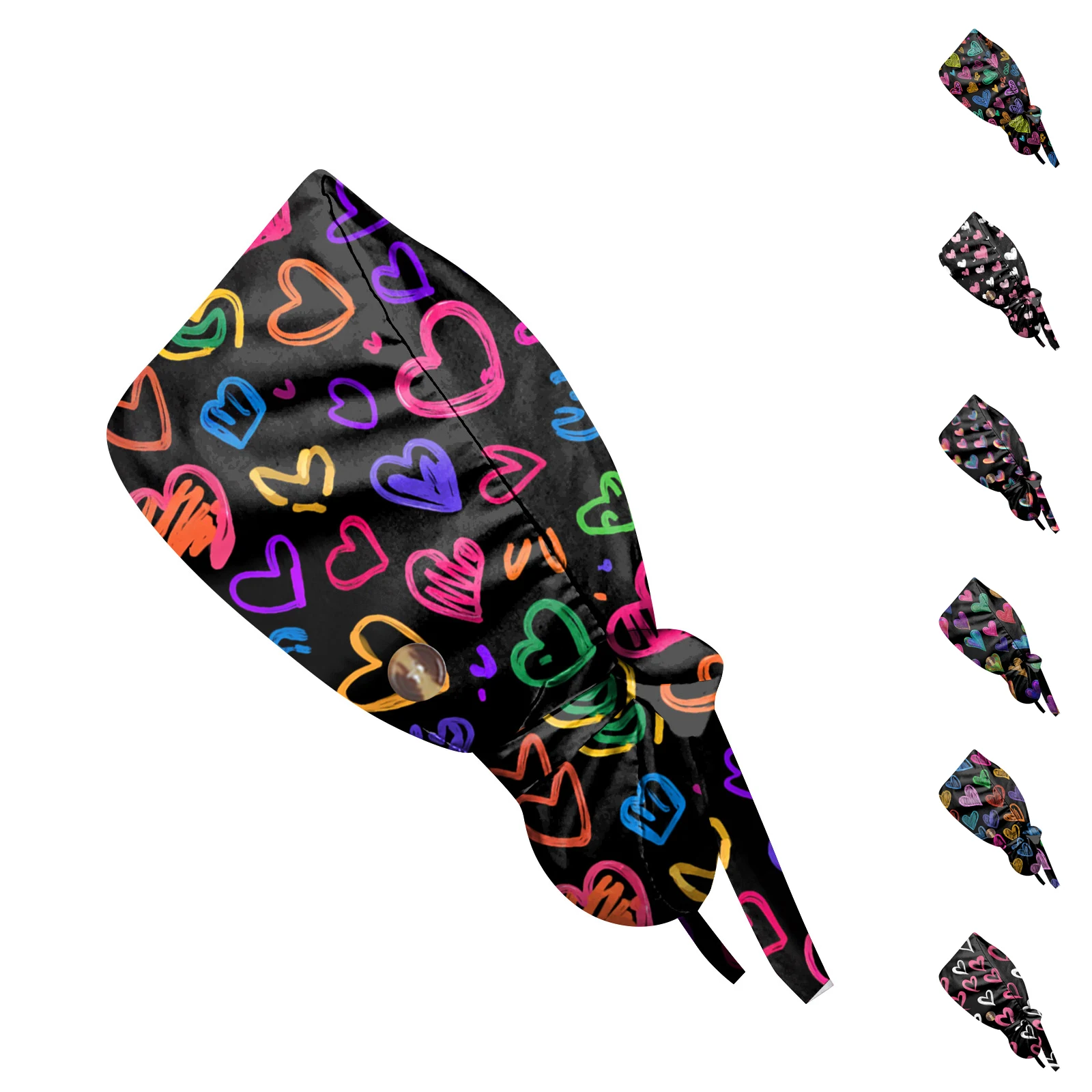 หมวกกันฝุ่นสำหรับผ่าตัดแบบมีกระดุม ลายหัวใจทันสมัย หมวกทำงานลำลองสำหรับผู้หญิง หมวกรวบผมแบบปรับได้ หมวกพยาบาล