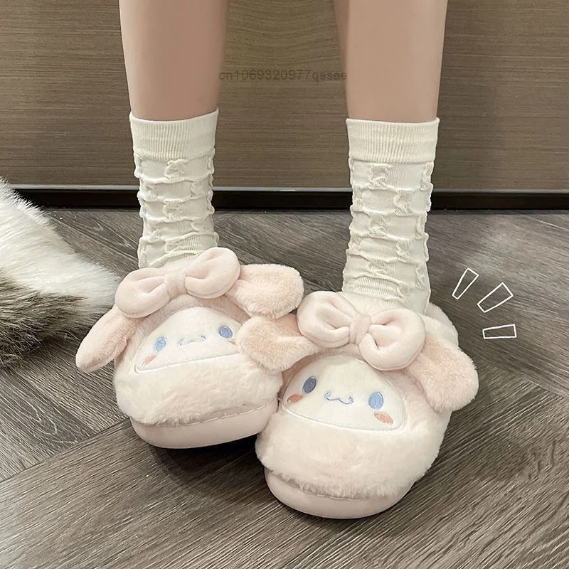 Sanrio Cinnamoroll Sweet Y2k Casual Plush Fuzzy Slippers for Women Kawaii Cartoon Winter Warm Cotton Bedroom Couples Floor Shoes