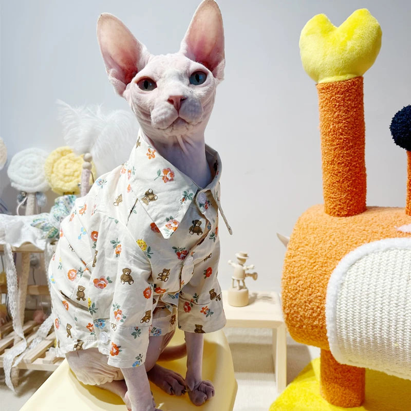 Vintage Classic Sphynx Cat Clothes Buttoned Cotton Autumn Blouse, Hairless Cat Coat Long Sleeves, Vertical Striped Shirt for Pet