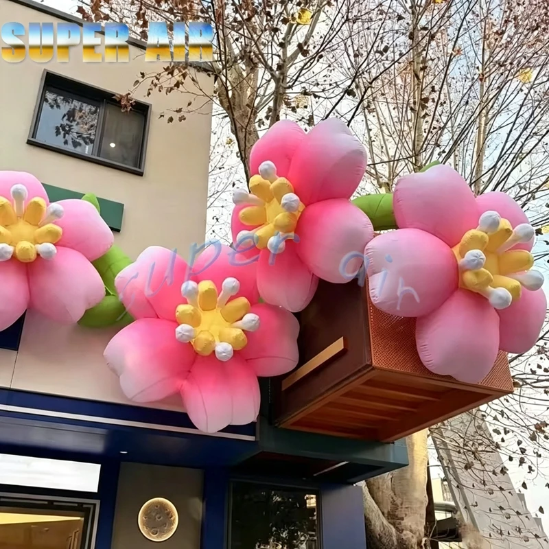LED Light Inflatable Pink Cherry Blossom Flower with Green Branches for Shopping Mall, Spring Festival, Outdoor Night Event Deco