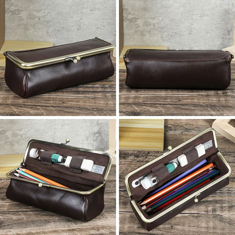 Creative Genuine Leather Pencil Case Handmade Large Capacity Pencil Bag Multifunctional Stationery Storage Box Gifts