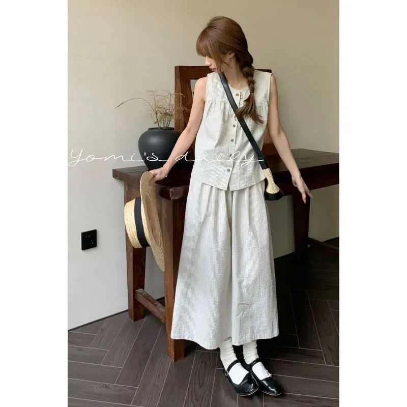 Women Japanese Casual Stripe Textured Vest Long Skirt Two Piece Set Petite Daily Outfit