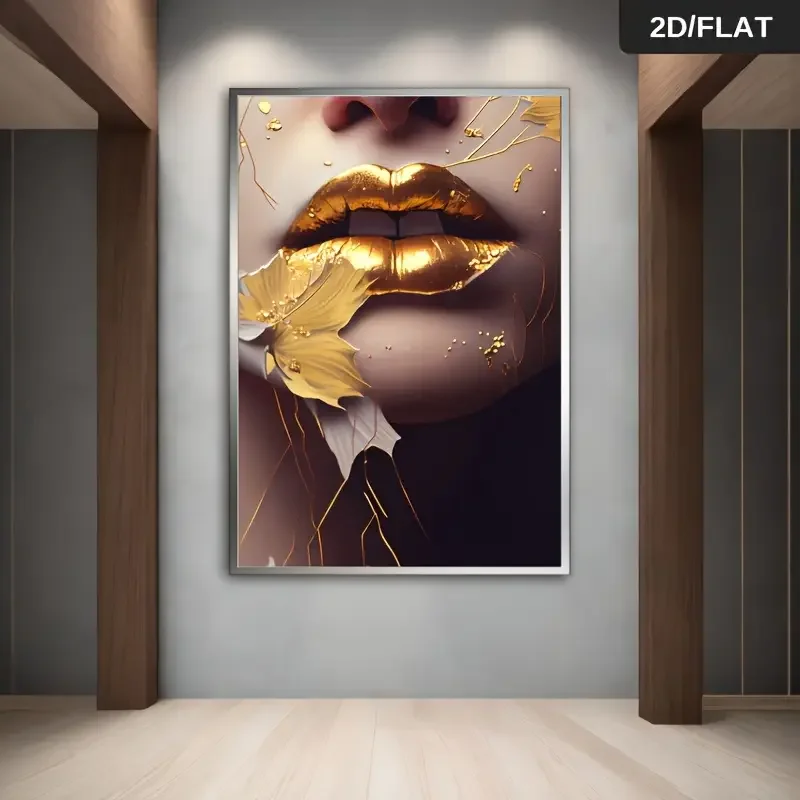 Frameless modern abstract gold lips art decorative painting, suitable for home decoration, living room bedroom, office decor