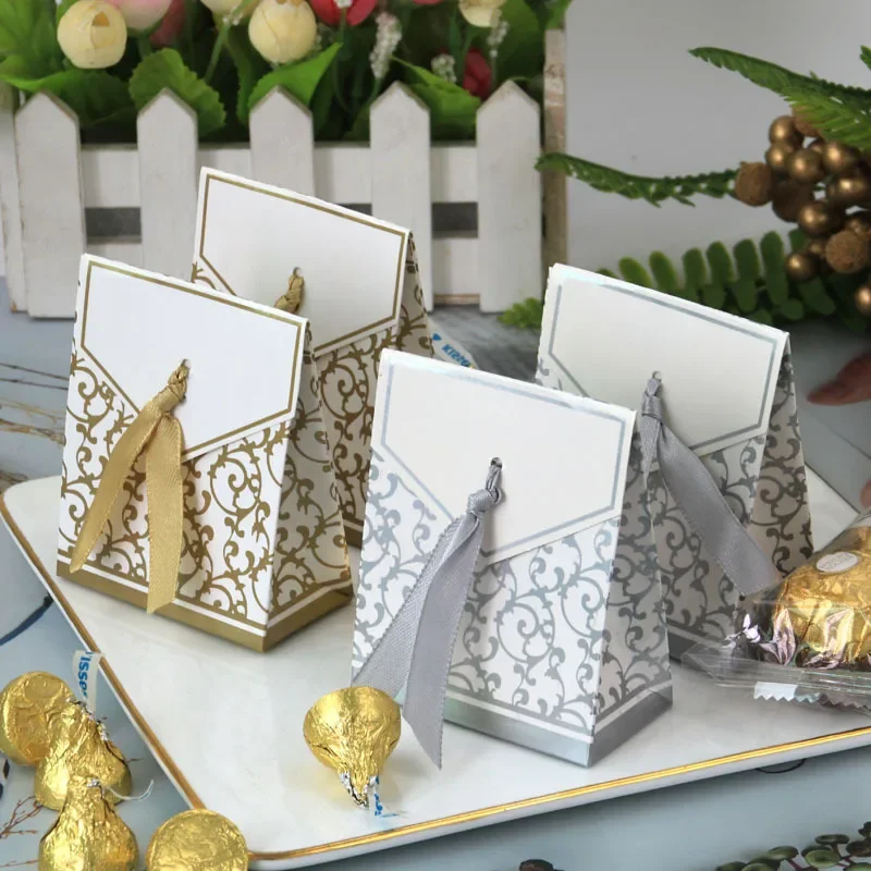 100pcs Creative Gold Silver Paper Boxs with Gold Ribbon Wedding Favours Birthday Party Gift Candy Dragee Bags Packaging Supplies