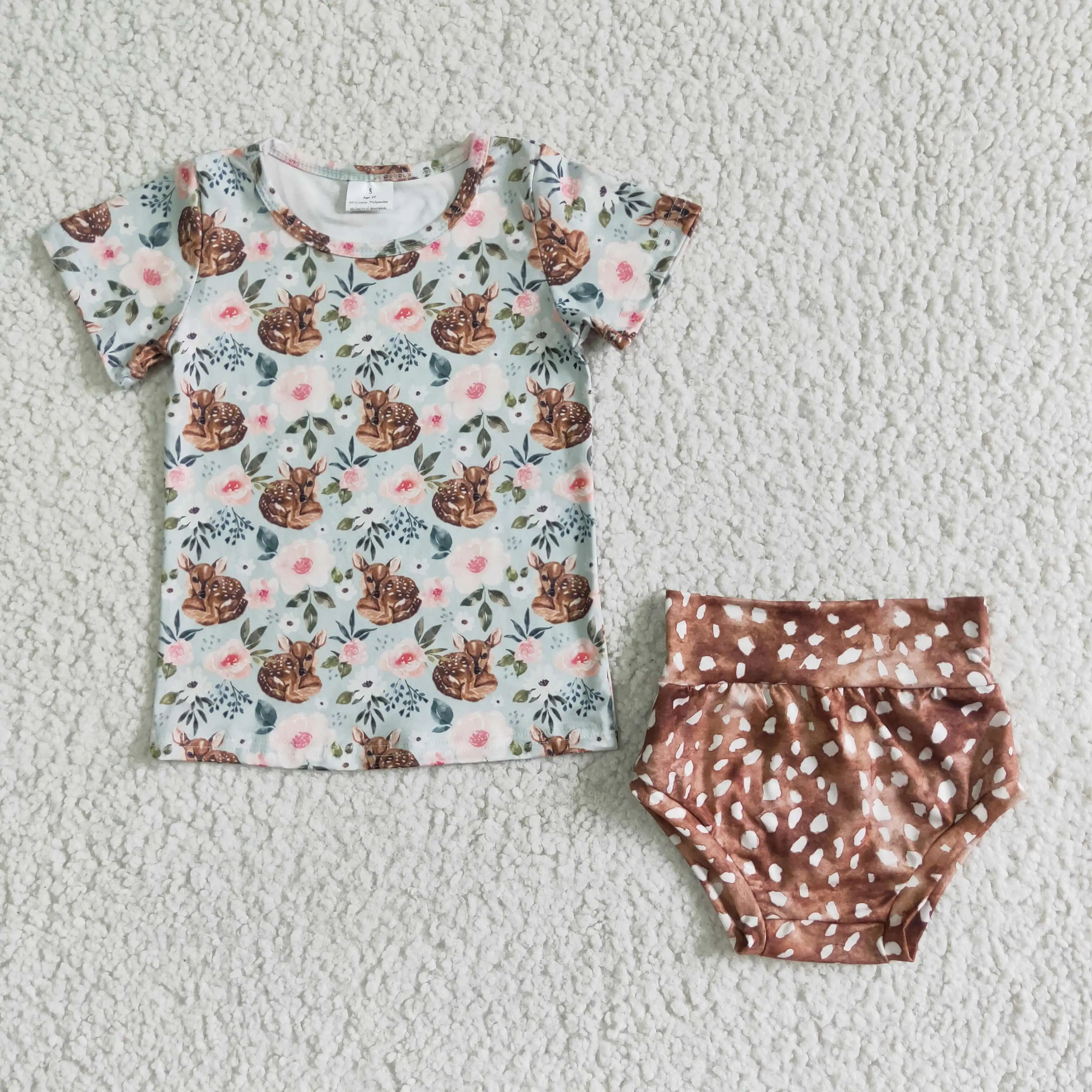 Wholesale Baby Girl Set Toddler White Sleeveless Floral Tops Stripes Bummie Shorts Children Newborn Two Pieces Outfit