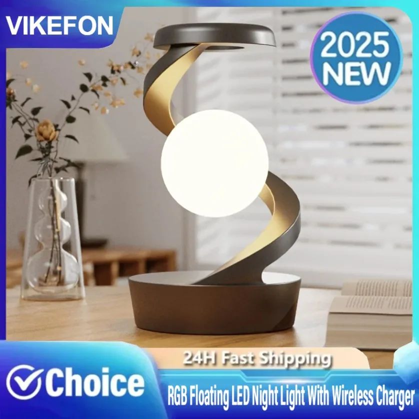 

RGB Плавающий светодиодный ночник 3D Левитирующий шаровой светильник с беспроводным зарядным устройством для телефона Плавающий и вращающийся в воздухе со светодиодной лунной лампой