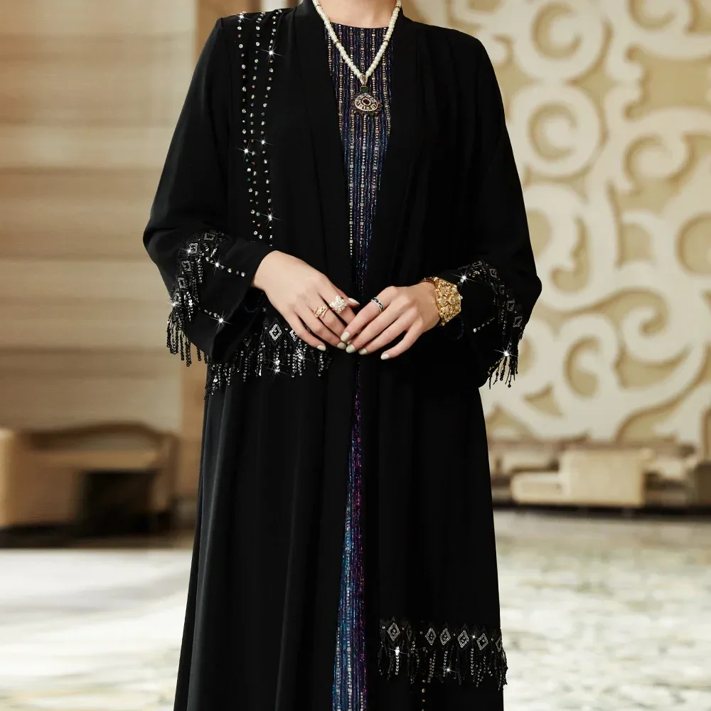 Cardigan Robe Casual Loose Abayas for Women Moroccan Caftan Women Dress Muslim Abaya Dress Dubai Black Tassel Multicolored Beads