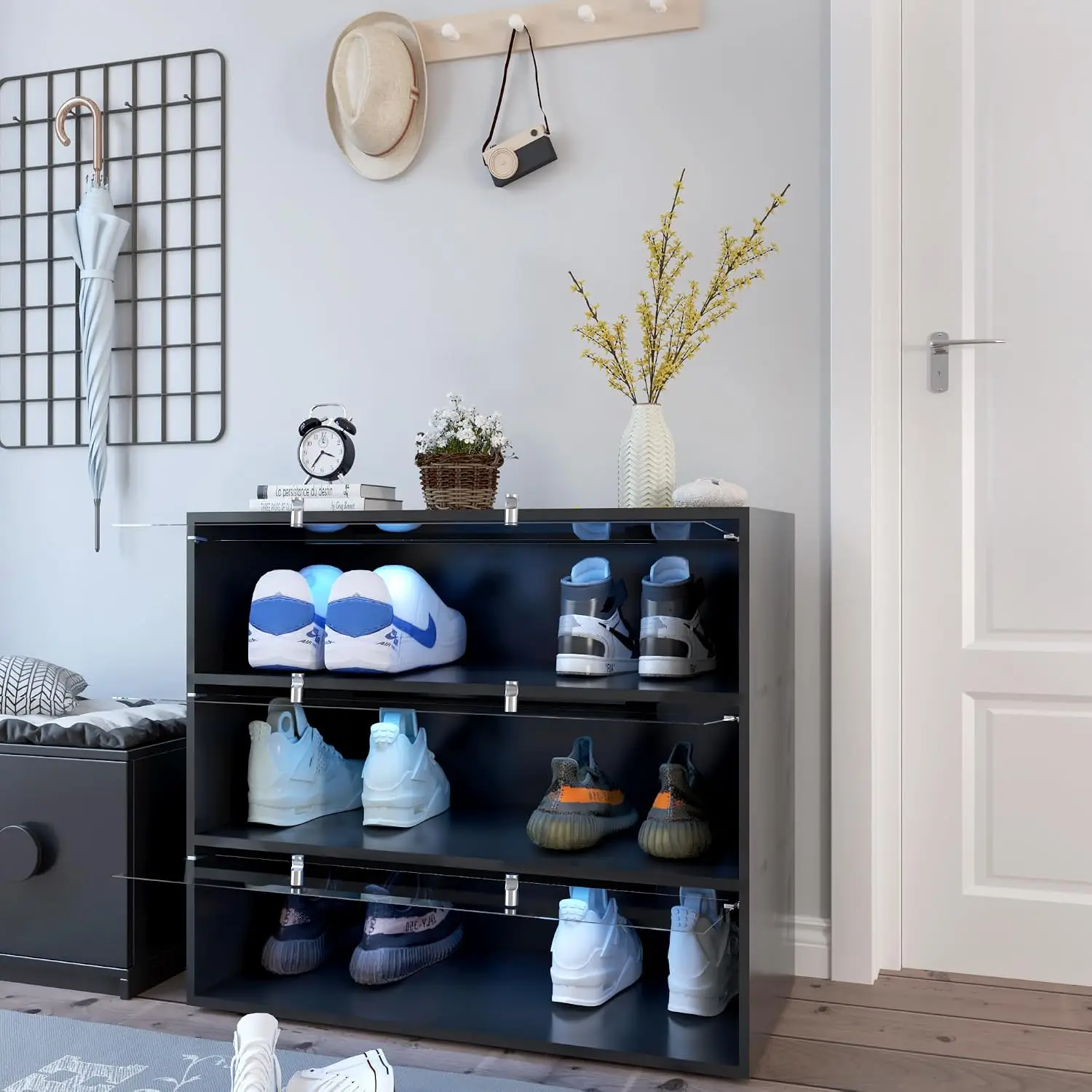 Black Glass Door Shoe Storage Cabinet RGB LED Light Display Stackable Entryway Organizer, Customized