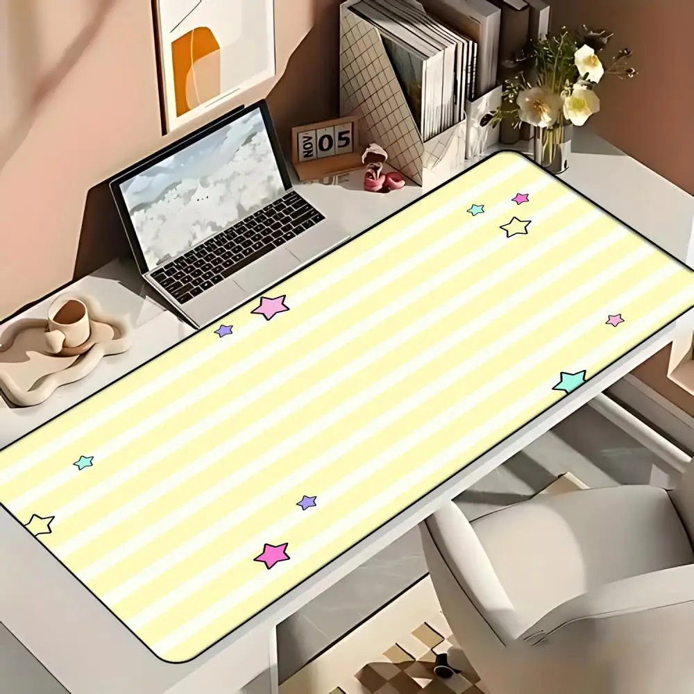 Yellow Stripe Colorful Star Large Mouse Pad Non-Slip Rubber Base Kawaii Extended Desk Mouse Mat Student Laptop Office Table Pad