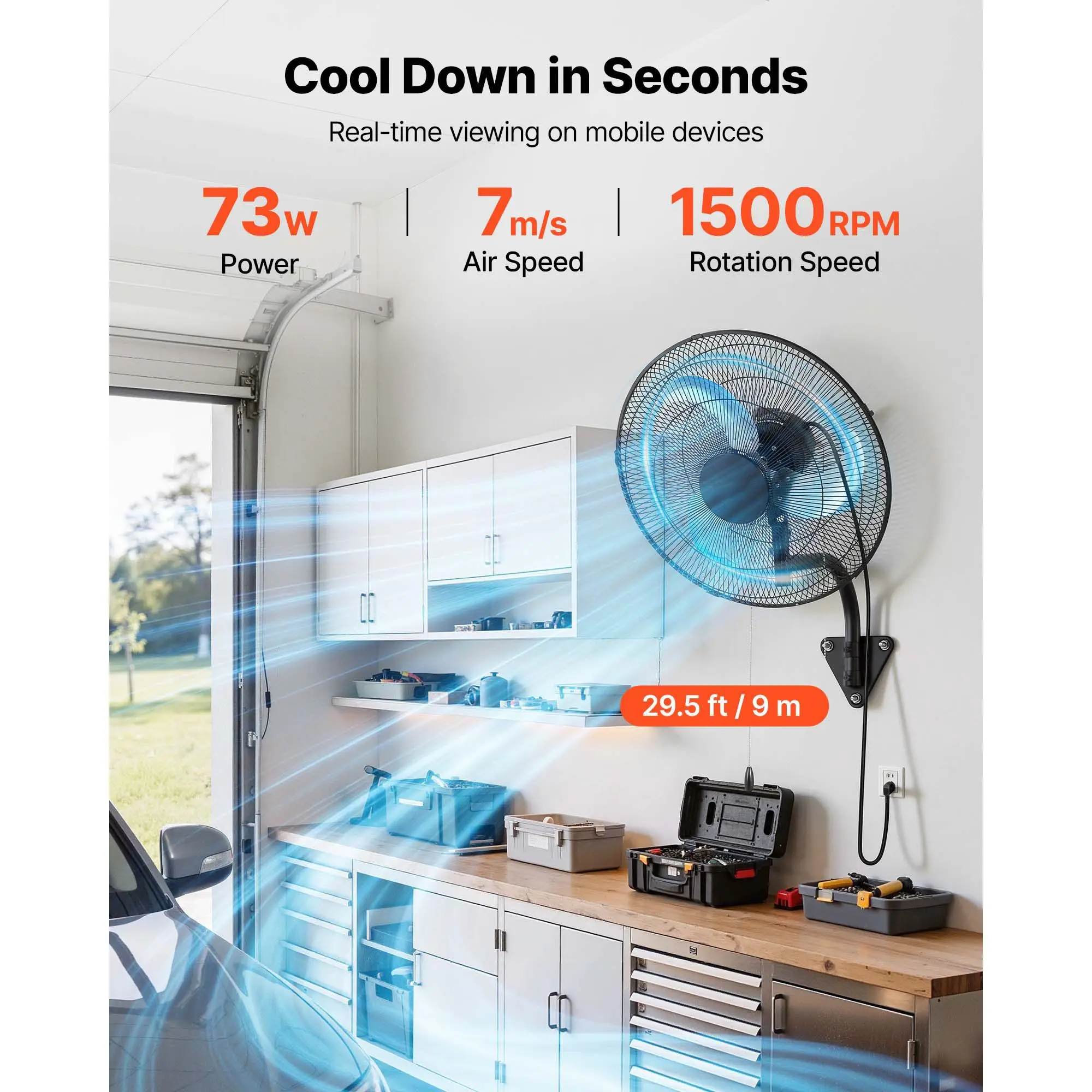 Wall Mount Fan, 18 in Hanging Oscillating, 3-Speed, Long Airflow Distance, Adjustable Rotation Angle, Mechanical Powerful for
