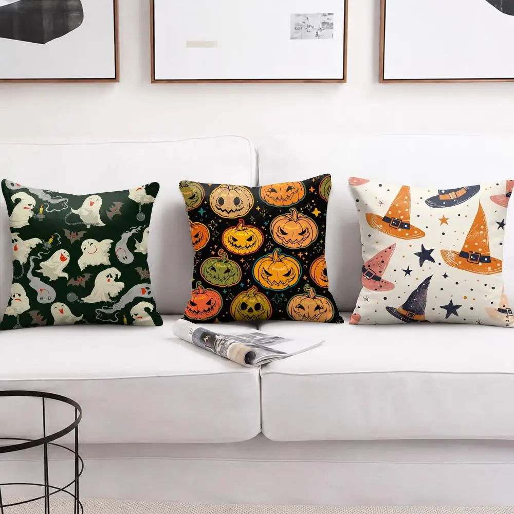 Halloween Witch Hat Cushion Cover Short Plush Soft Double-Sided Printing Pillow Case Cozy Sofa Bedroom Home Decor Gift