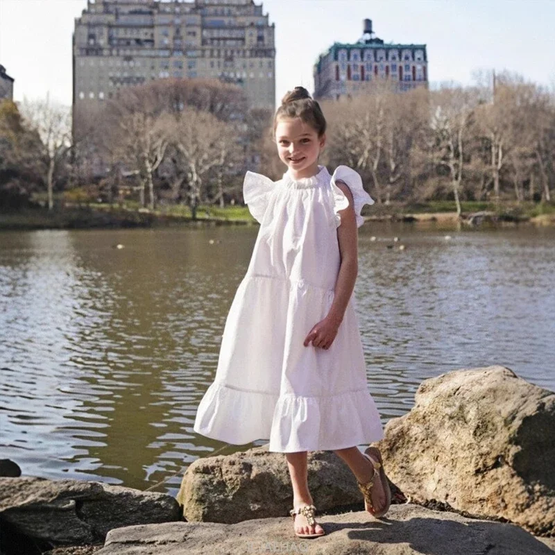 

2025 New Girls Solid Color Dress Korean Style Flutter Sleeve Princess Gown Fashion Summer Elegant Party Outfit Kids Birthday