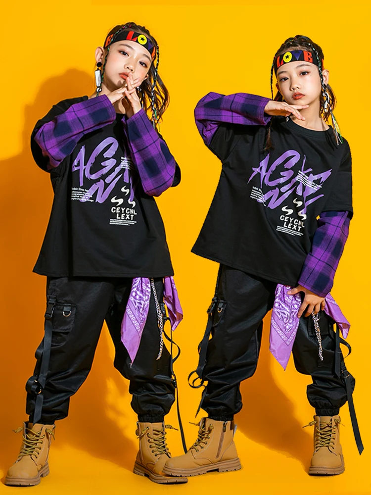 Street Dance Costume Kids Hip-Hop Dancing Outfit Concert New Hip Hop Girls Clothes Loose Sweater Black Cargo Pants Boys