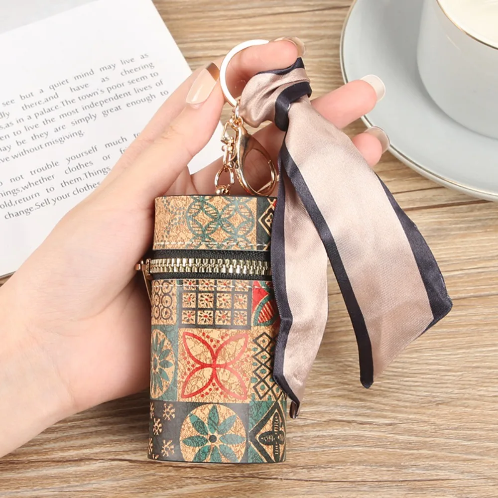 Retro PU Mini Lipstick Bag Cylindrical Cartoon Printed Bucket Bag Wood Grain Key Coin Purse for Woman Girls