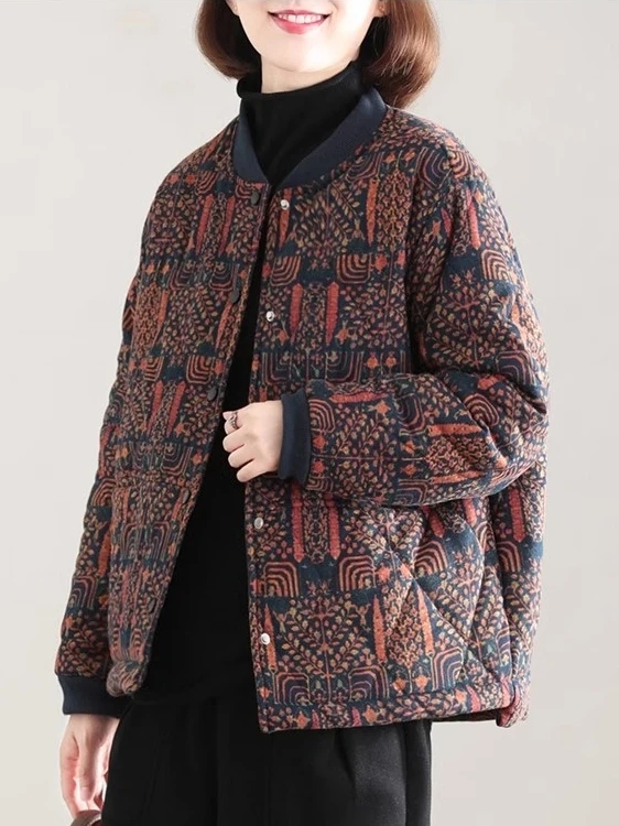 

Winter Thiened Retro Print Stand Collar Cotton Jaet Warm Flattering Meat Concealing Women's Faionable Korean Sle Coat