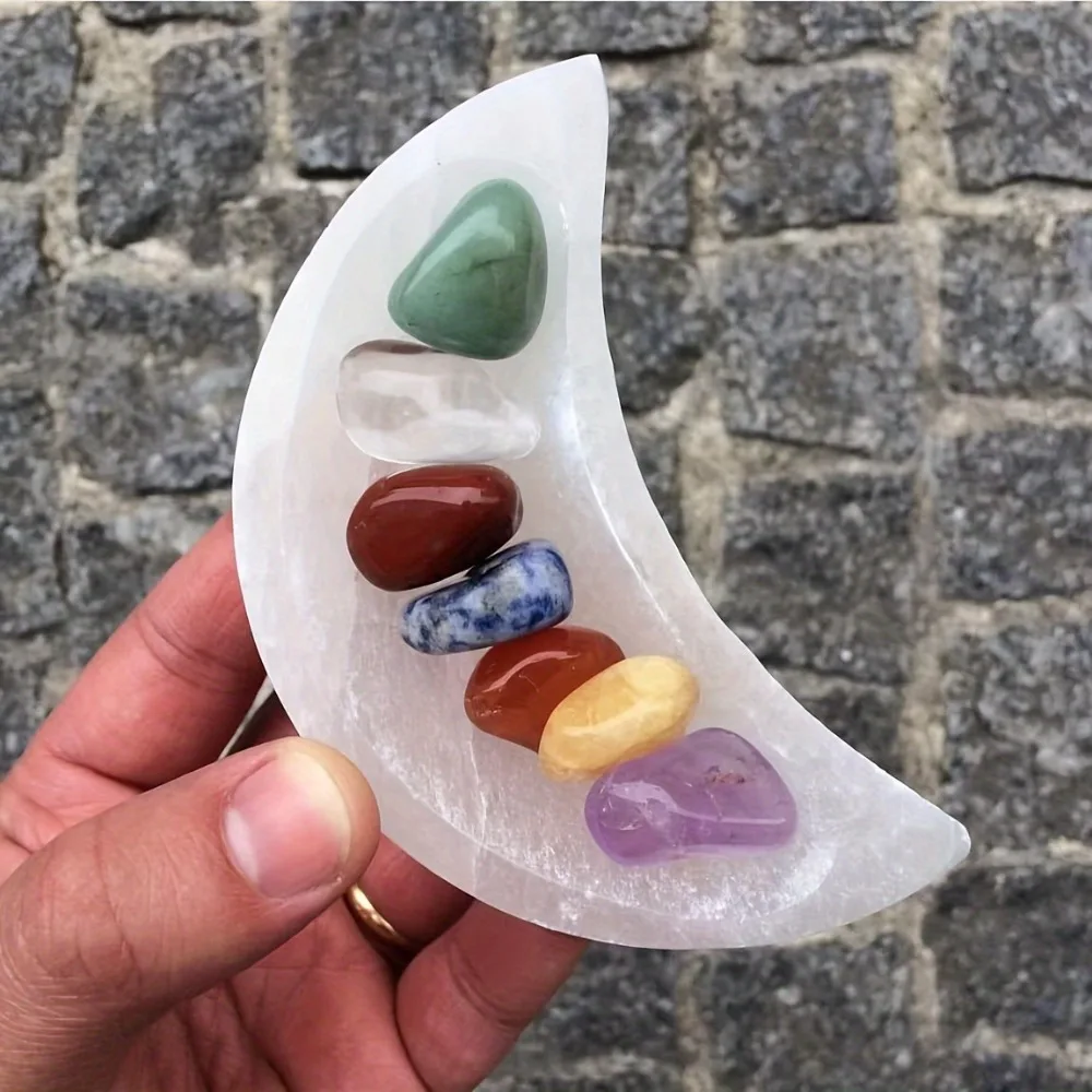 1pc Natural Selenite Moon Bowl - Full Moon Shape Reiki Stone Bowl for Meditation, Chakra Balancing &, Indoor/Outdoor Decorative