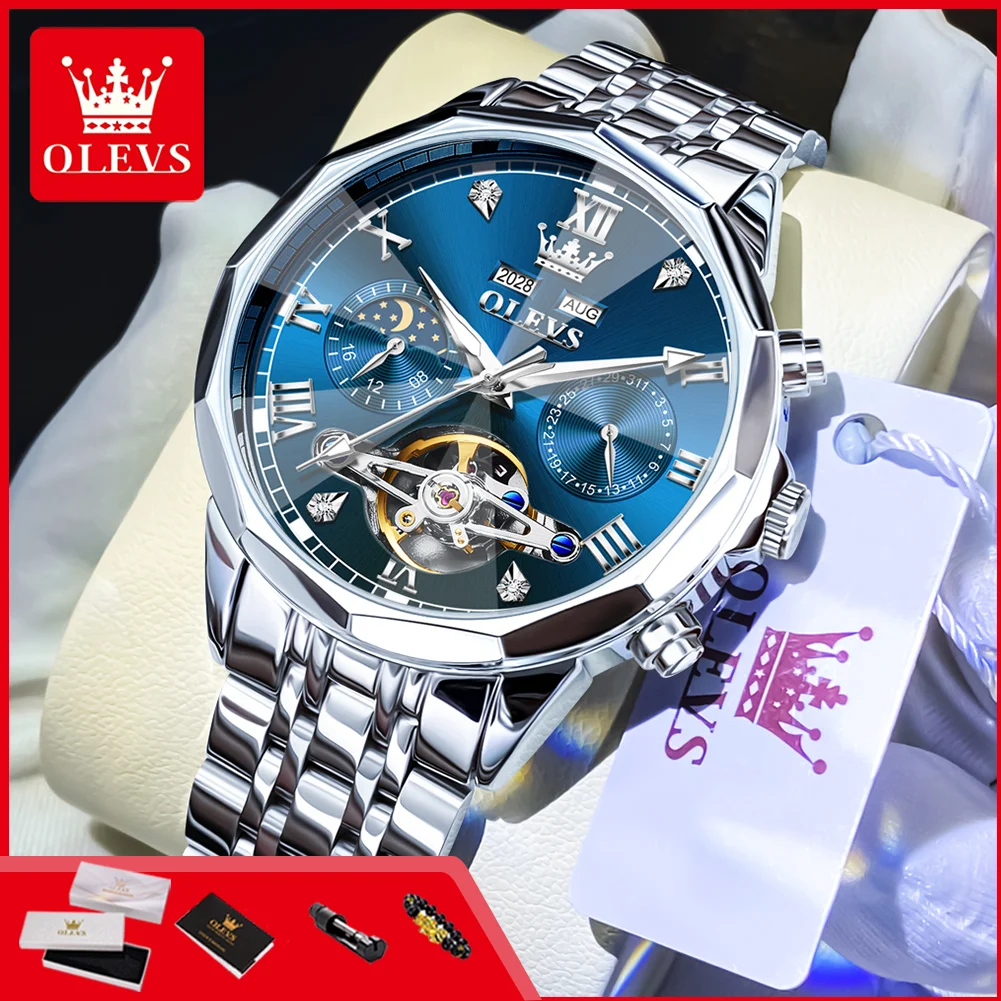 

OLEVS 6620 Mechanical Men's Wristwatch Luxury Brand Luminous Moon Phase Waterproof Skeleton Flywheel Original Business Man Watch
