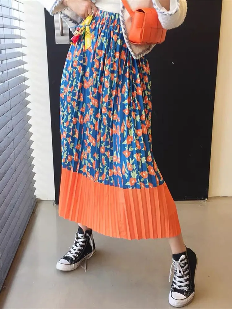 Korean Style Spring Summer Contrasting Printed Pleated Elastic Waist A-line Skirt Plaid Skirt  vintage Pleated Skirt