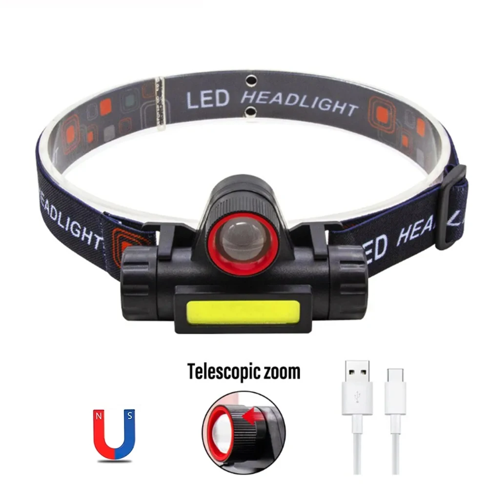 Super Bright LED Headlamp Rechargeable Waterproof Flashlight With XPE COB Beads And Tail Magnet Dual Light Sources Work Light