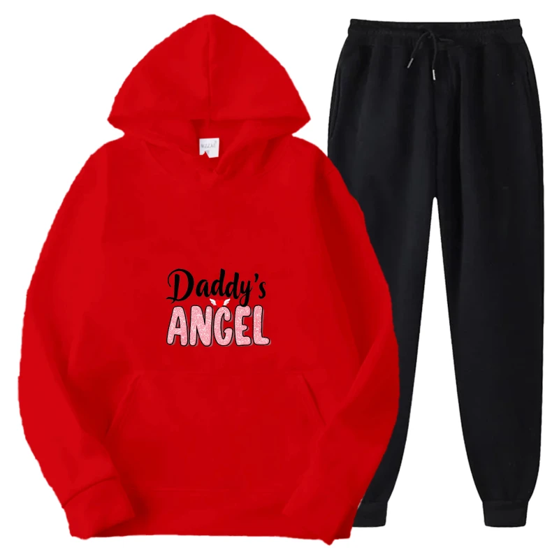 후드티 세트 레드 탑리스 프린트 로고 스웨트셔츠 & 블랙 조거 팬츠 캐주얼 웨어 및 스트리트 스타일용