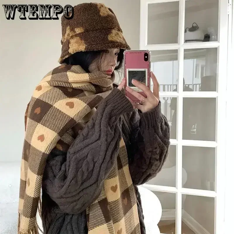 WTEMPO Fall Winter Imitation Cashmere Women\'s Double-sided Love Plaid Scarf Korean Tassel Warm Large Shawl Versatile Thick Wrap