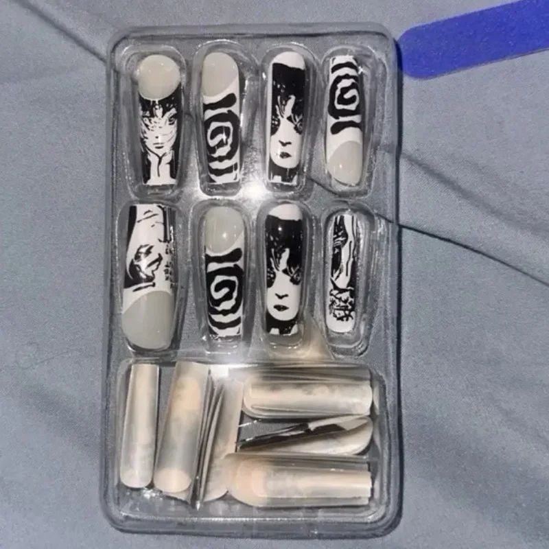 24 Uds. De uñas acrílicas negras de Anime, diseño de cómics de terror japonés, juego de uñas postizas de Ballet usables para niñas