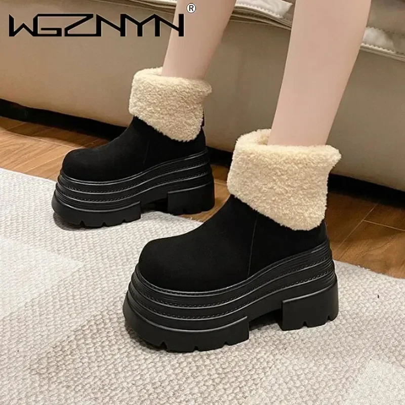 2026 inverno botas de neve quentes das mulheres ao ar livre sapatos de tornozelo de pelúcia anti-skid tênis de couro grosso bota de pele curta botas mujer 10cm