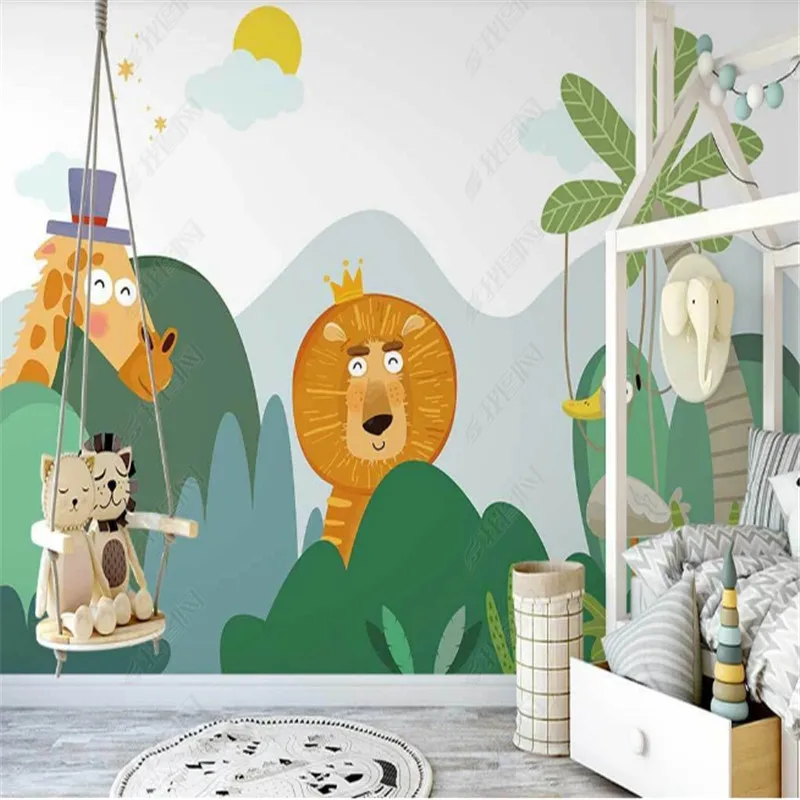 

Nordic Hand Drawn Cartoon Woods Wallpaper for Kids Room Lion Giraffe Children Background Wall Papers Home Decor Papel De Parede