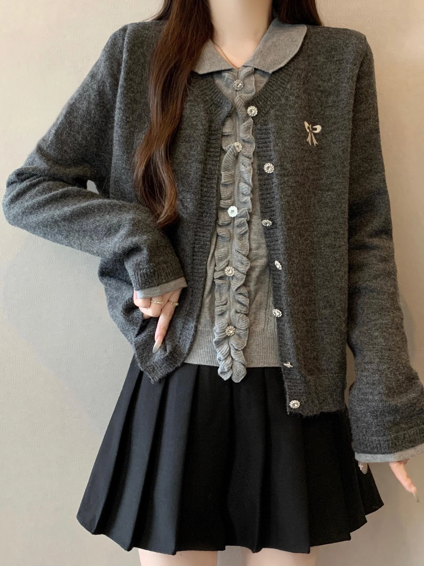 

k ey Knot Embroidered Knitted Cardigan Women's Spring Large Size Faionable Youthful ort Top