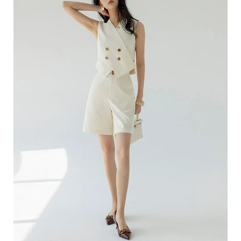 Slim fit design with striped cross vest, high waisted wide leg suit shorts, lightweight fashion set for women