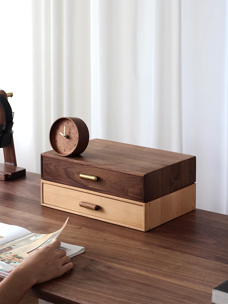 TheSense Wooden Drawer Box Storage Organizer Black Walnut Office Desktop A4 File Box with Drawer Nordic Style Home Organization