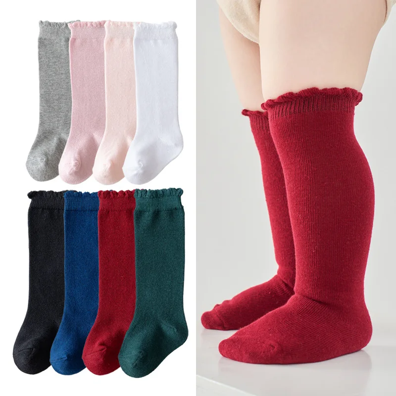 

0-7Y Toddlers Girls Frilly Socks Knee High Solid Color Infant Long Tube Sock Cotton Baby Stockings Children's Casual Sock DIY