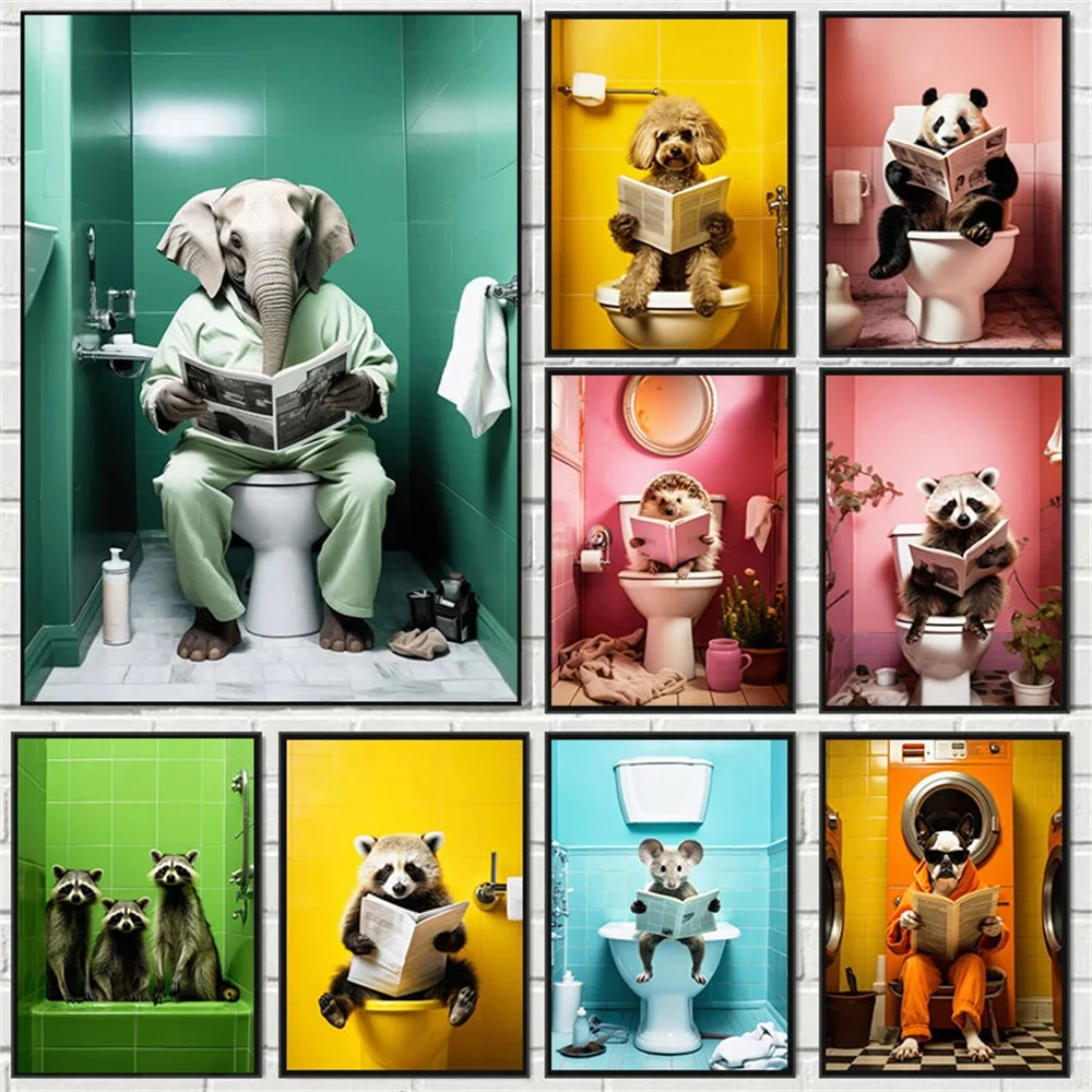 

Elephant Panda Dog Animal Posters Print Funny Colorful Art Wall Picture Canvas Painting for Bathroom Toilet Room Home Decor