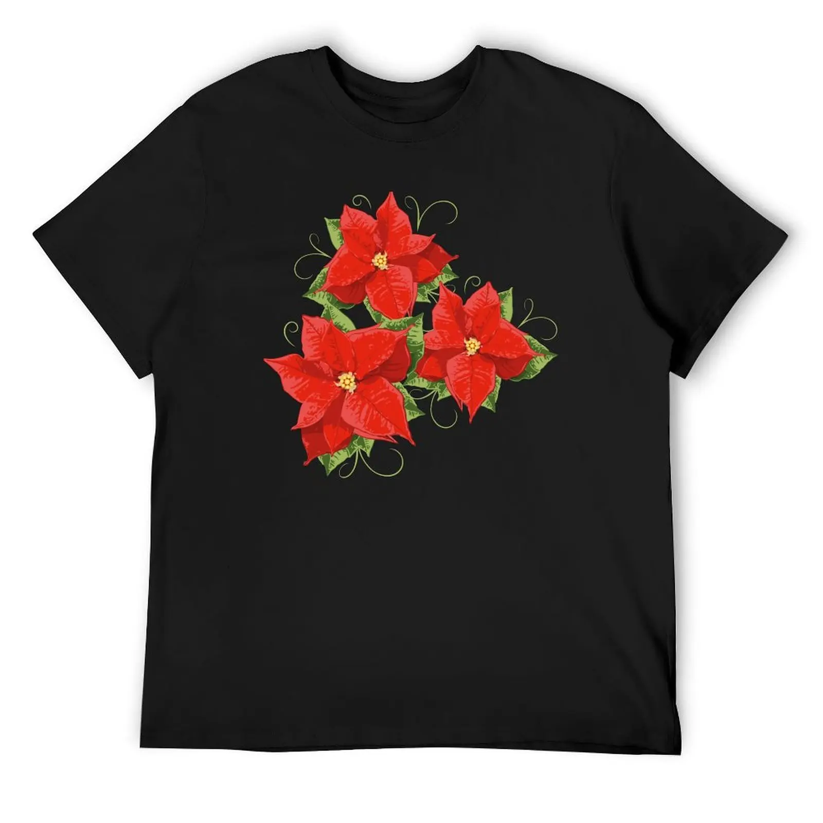 Poinsettias with leaves. Christmas Flower. T-Shirt summer top cute tops anime clothes shirts men graphic