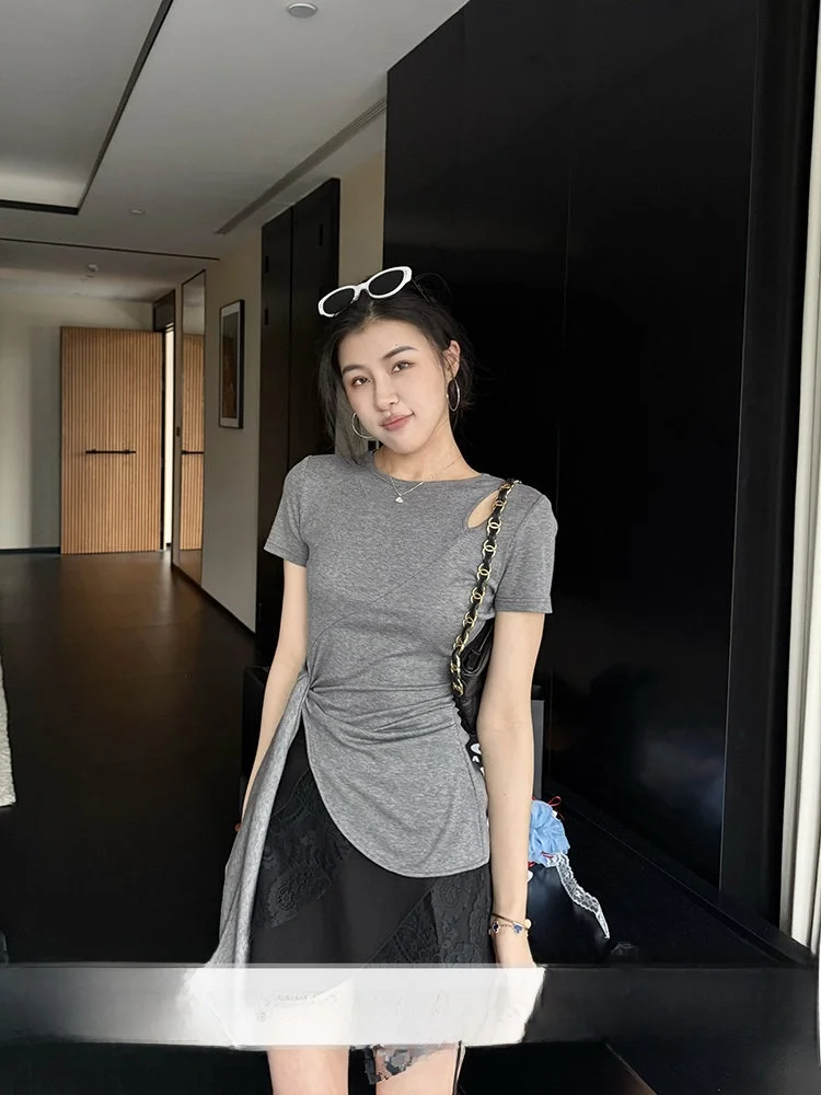 

Gray Tone Lace Design Sense Hollow out Belted Top Lace Splicing Irregular Half Skirt Women's Fashion Spring Set Breathable ...