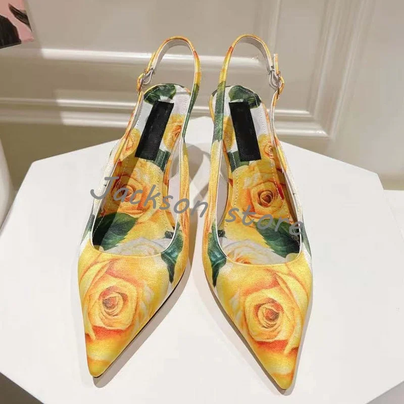 

Designer Mixed Colors Printed Pointed Toe Pumps Vintage Stiletto High Heel Back Strap Women Sandals Trendy Flower Dress Shoes