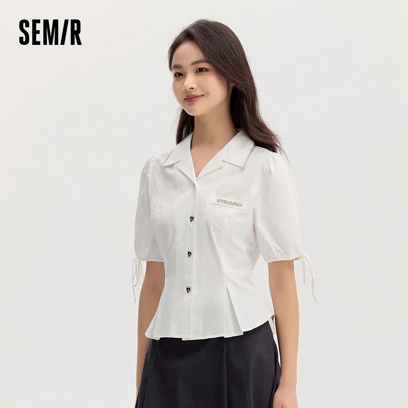 Semir Short Sleeve Blouse Women Short Crop Bubble Sleeves Bow Sweet Playful Girlish Autumn Cotton Fashion Blouse