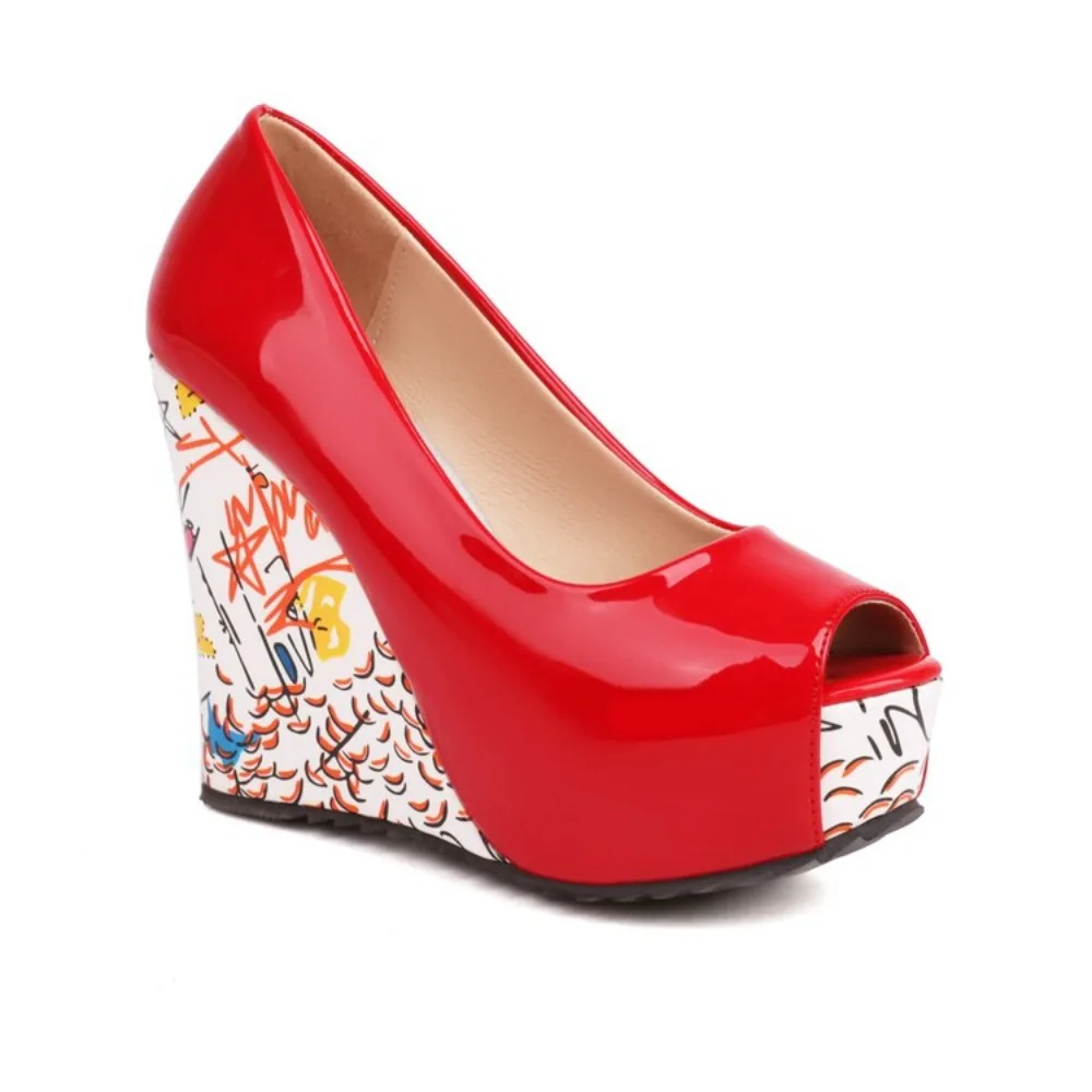 

QPLYXCO Женские модные туфли на танкетке из лакированной кожи с открытым носком для вечеринок и свадеб, черные сандалии на платформе 85-5