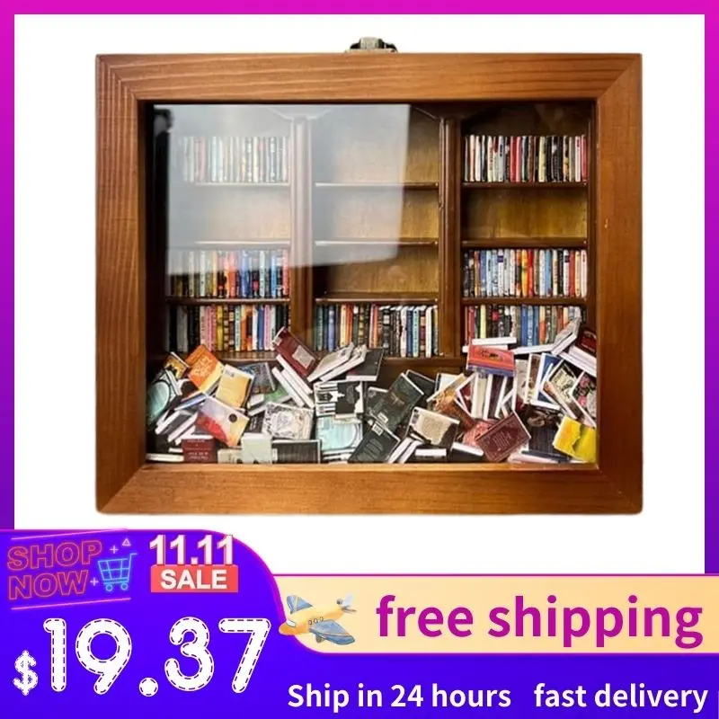 mini Cute And Funny Miniature Bookshelf Stress Reliever Wooden Library Tiny Library Wooden Bookshelf Book Display Case Cabinet