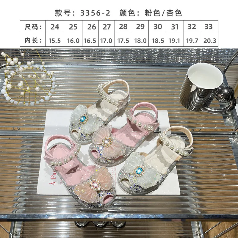 Girls' Sandals 2024 Summer New Kid's Rhinestone Shining Children's Princess Shoes Soft Sole Anti Slip Hollow Sandals