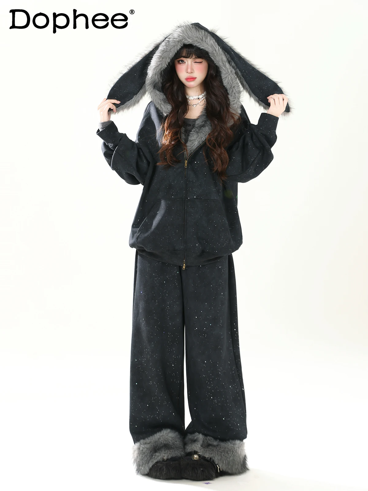 

Autumn Winter Warm Starry Sky Plush Bunny Ear Hoodie Set Fleece Loose Casual Sweet Cool Girl Two-Piece Set