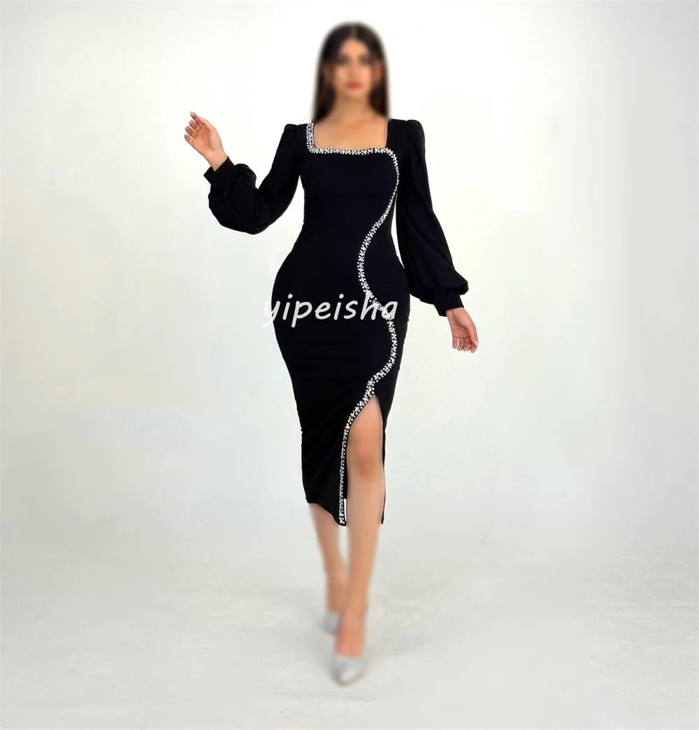 Customized Formal Simple Jersey Rhinestone Pleat Sheath Square Neck Midi Dresses Bespoke Occasion Dresses High Quality Fashion
