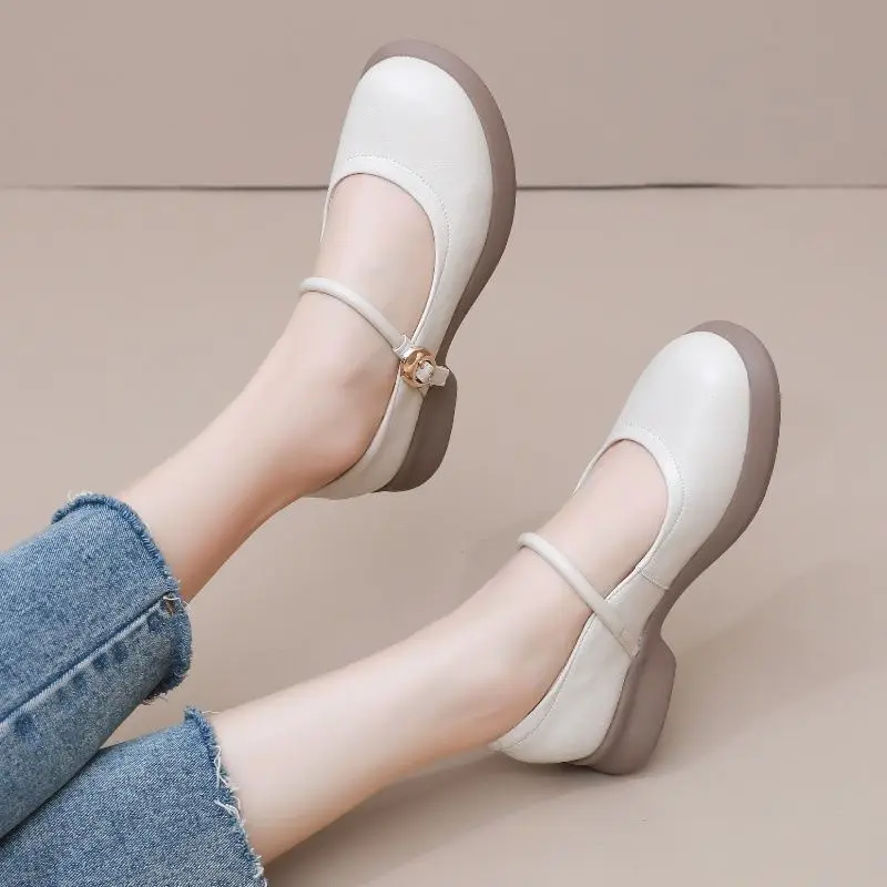Mary Jane Shoes Soft Leather Women's New Style Autumn Evening Shoes Low Heel Slip-On round Toe Rubber Outsole Casual Flats